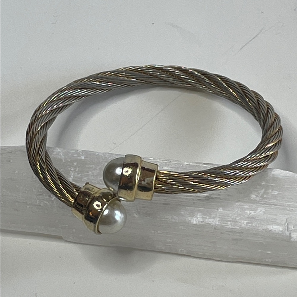 Vintage Cuff Bangle Twisted Cable Rope Pearls Gold Tone Bracelet